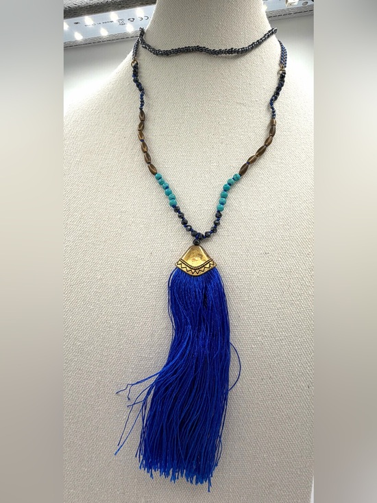unmarked Jewelry - Bohemian-style Striking Royal Blue Long Tassel Necklace Fringe Gypsy Arrows
